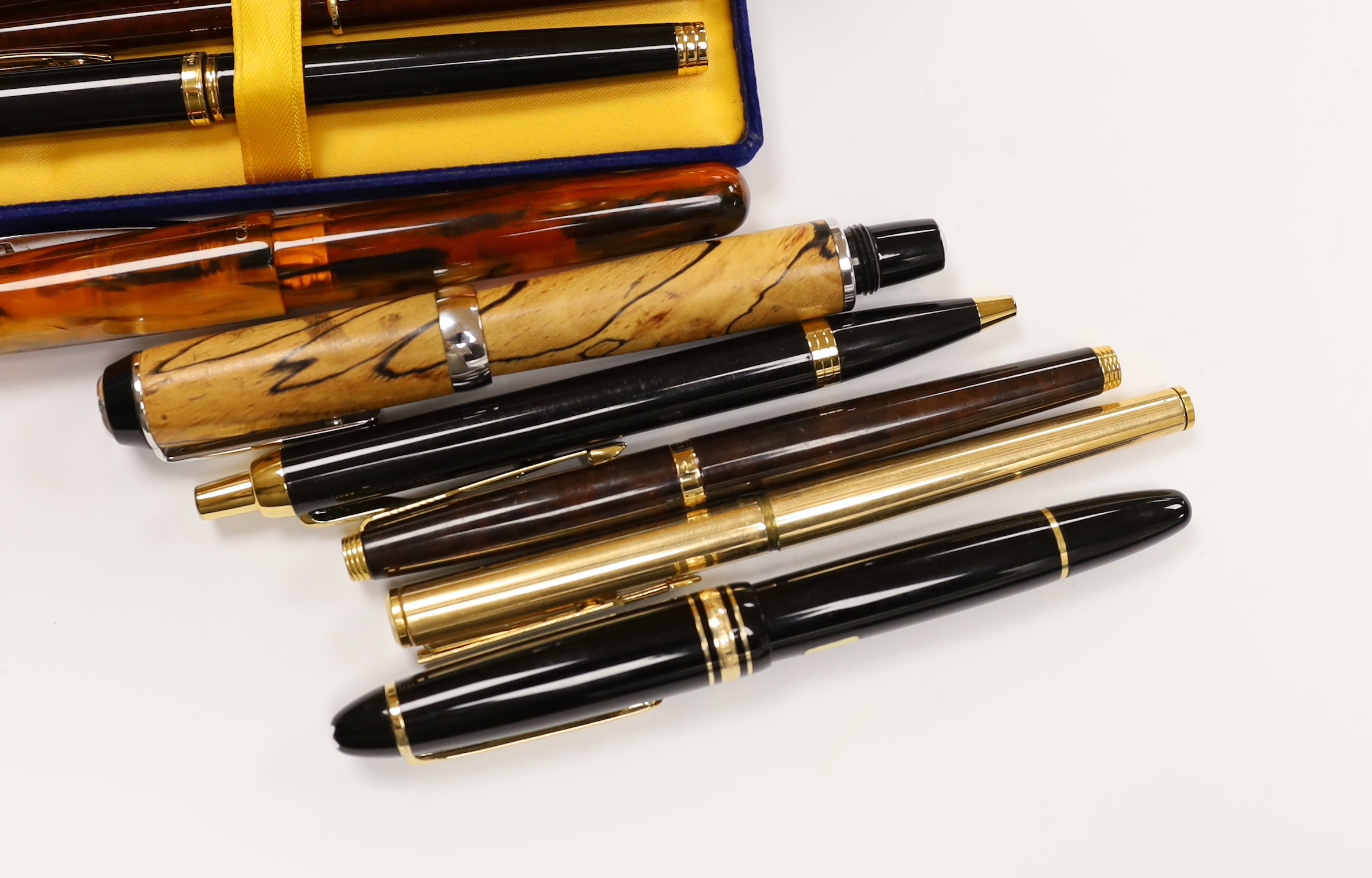 A group of various ball point and fountain pens including a Montblanc Meisterstuck 446, Parker, Watermans etc.